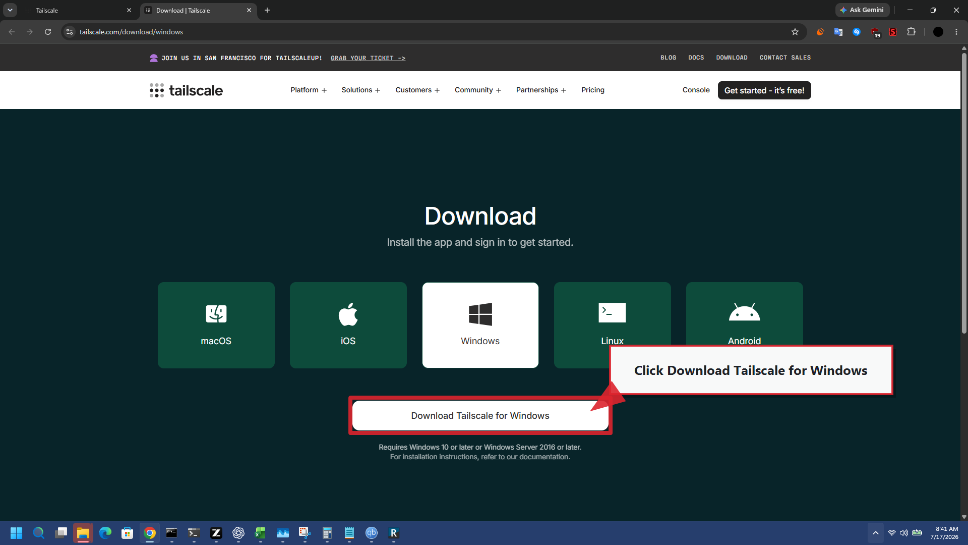 Tailscale Windows download page with the Windows download button highlighted
