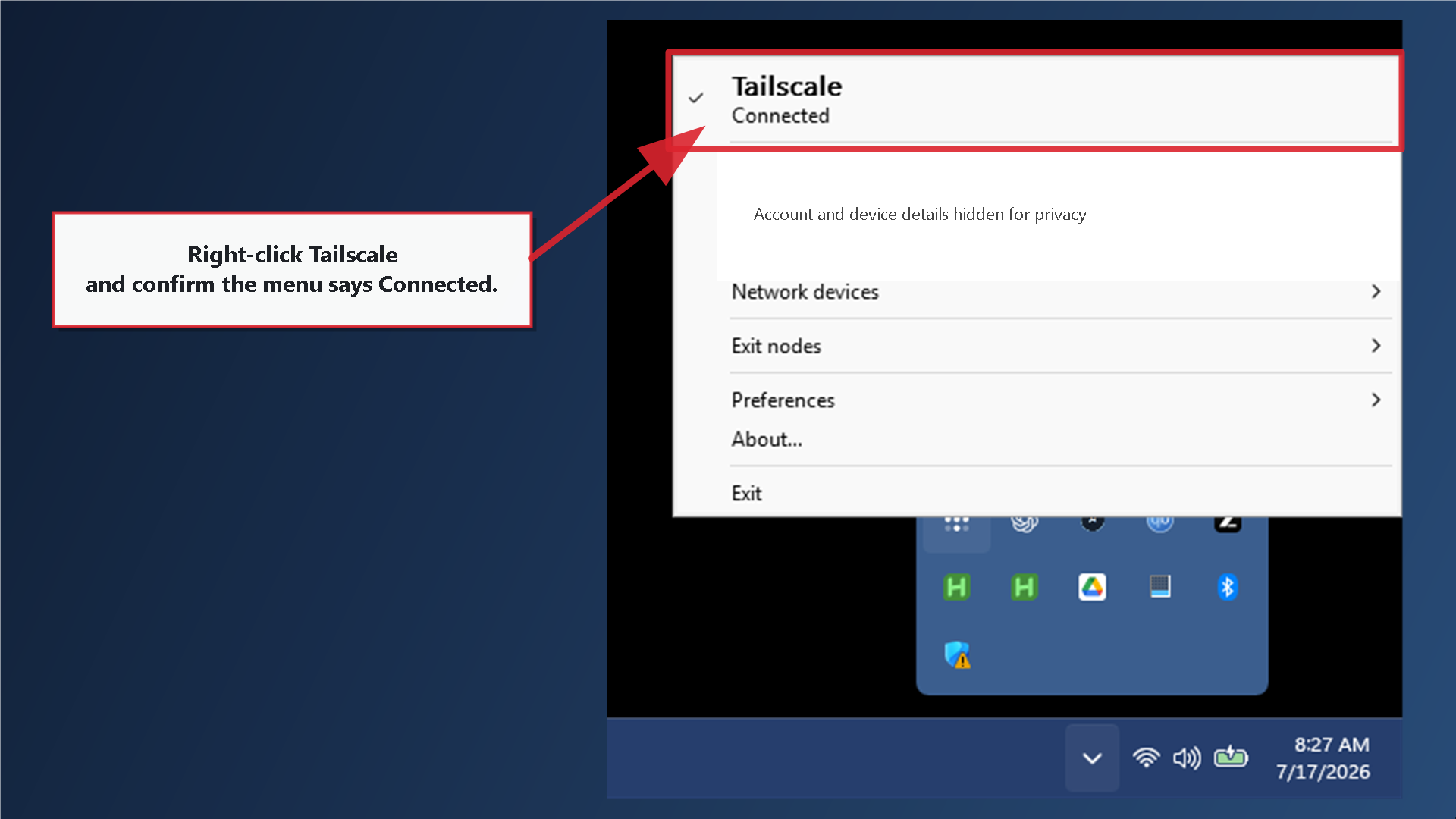 Tailscale menu showing Connected in the Windows system tray