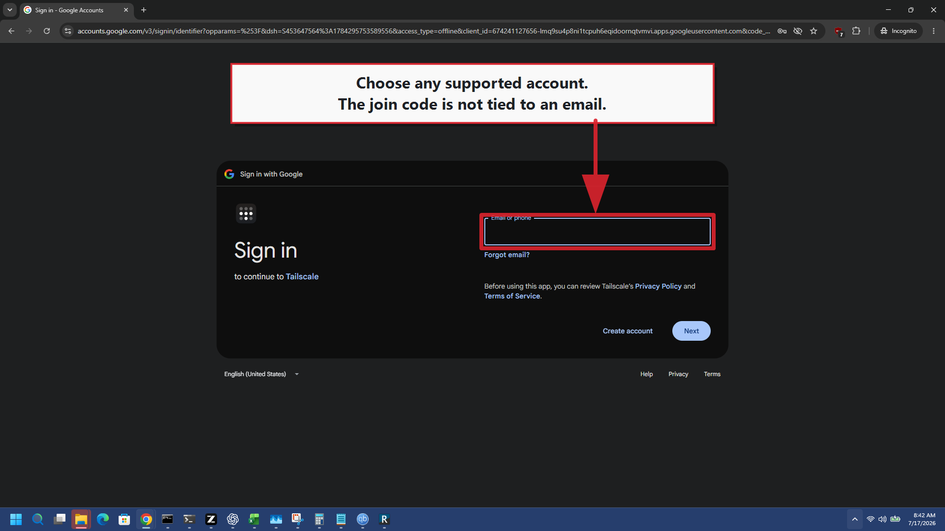 Google sign-in page reached from a Tailscale invitation