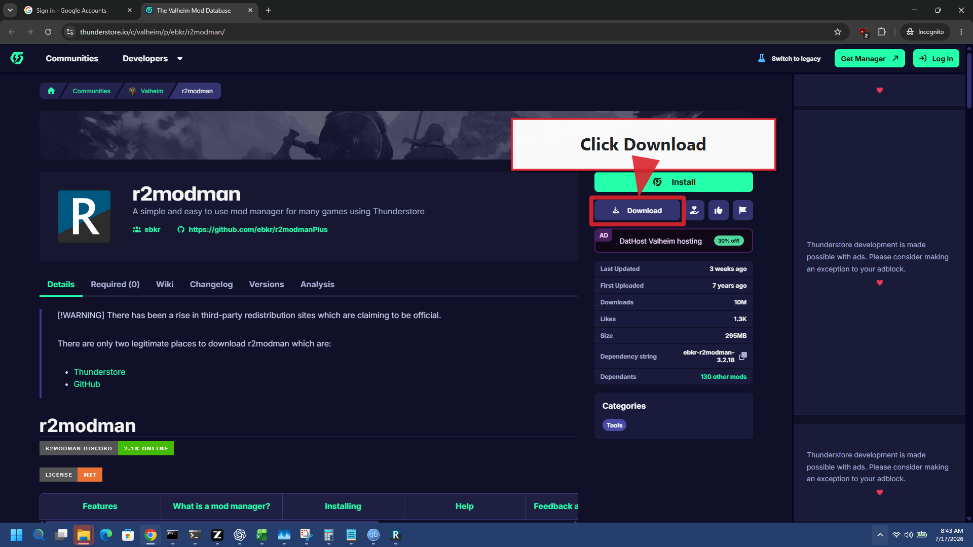 Official Thunderstore r2modman page with Download highlighted