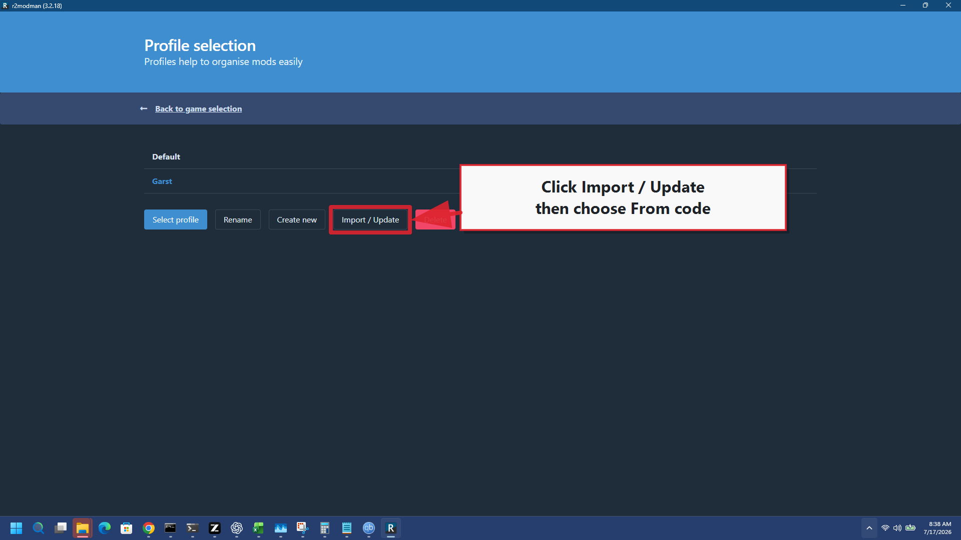 Current r2modman profile screen with Import or Update highlighted