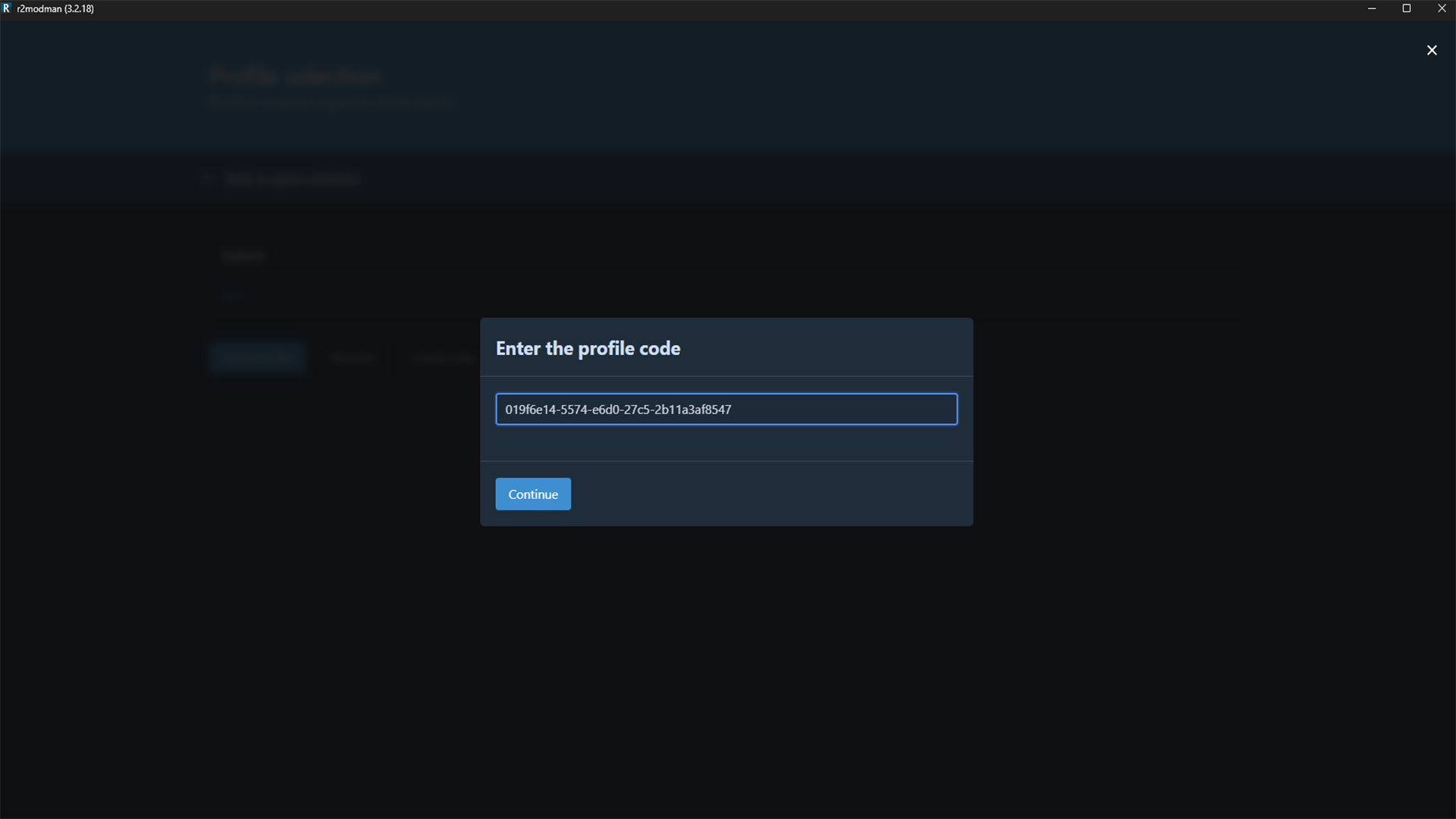 r2modman profile-code dialog containing the complete import code