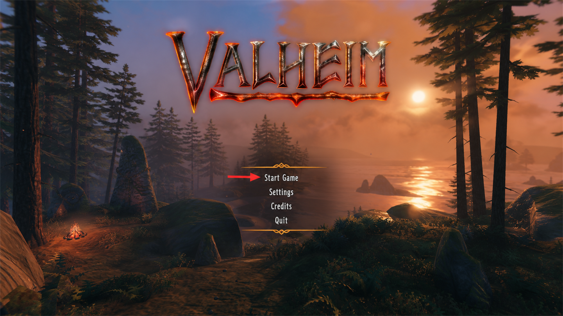 Valheim main menu with Start Game indicated