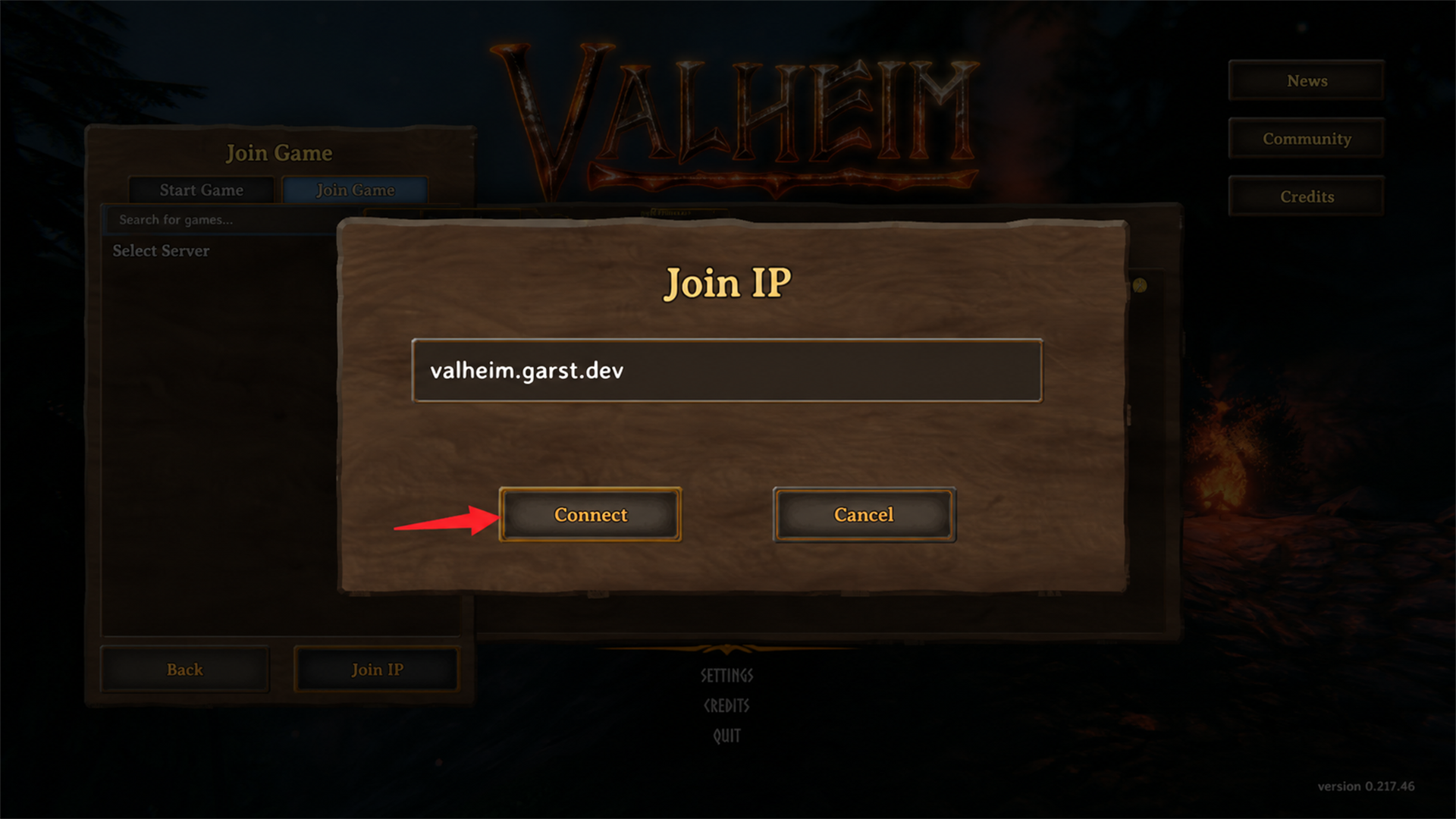 Valheim Join IP dialog containing the server hostname
