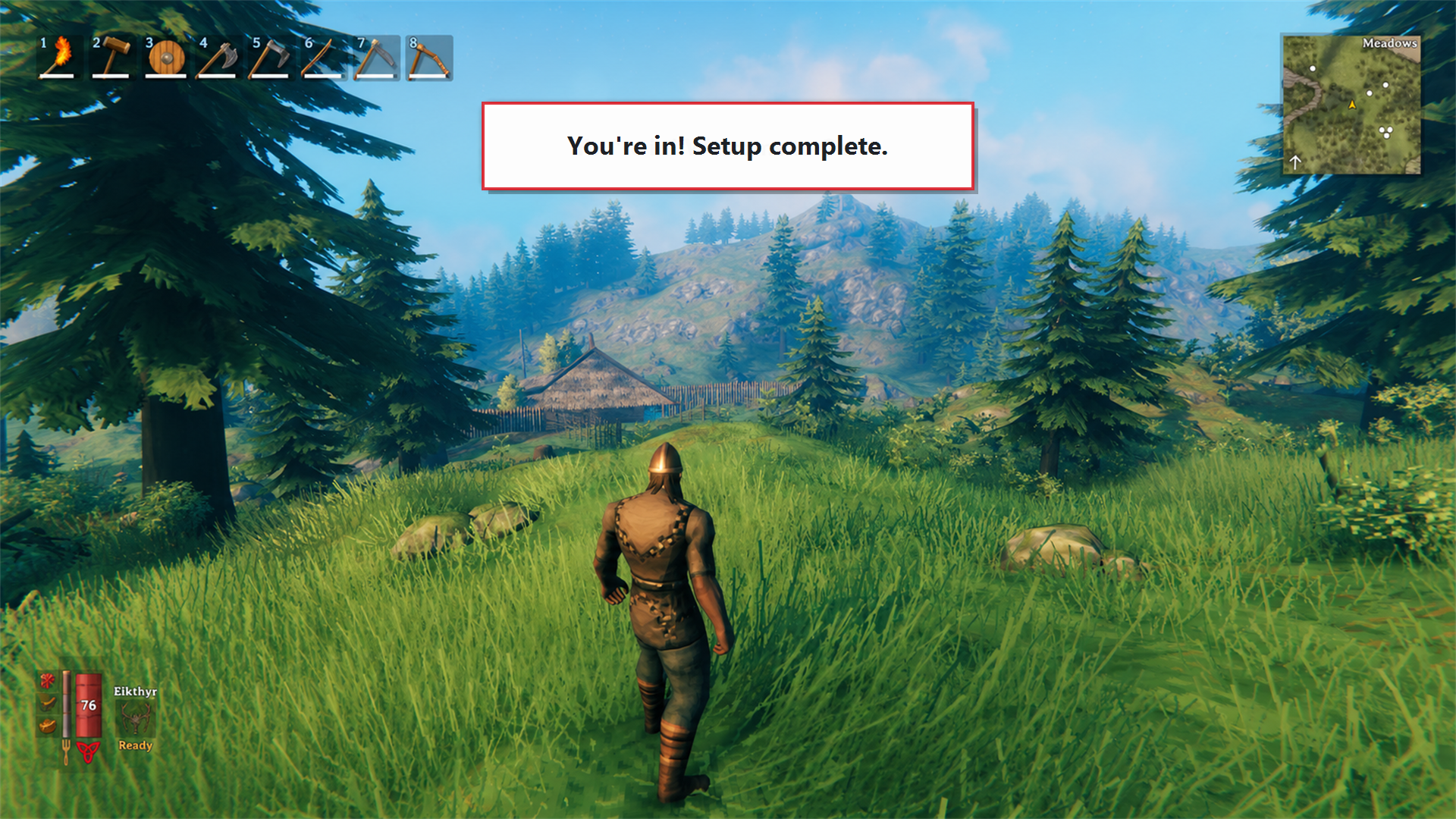 Illustrated Valheim in-world success state